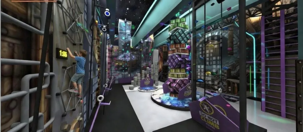 3D-Visualisierung einer Indoor-Erlebniswelt mit Kletterwand und Spielturm