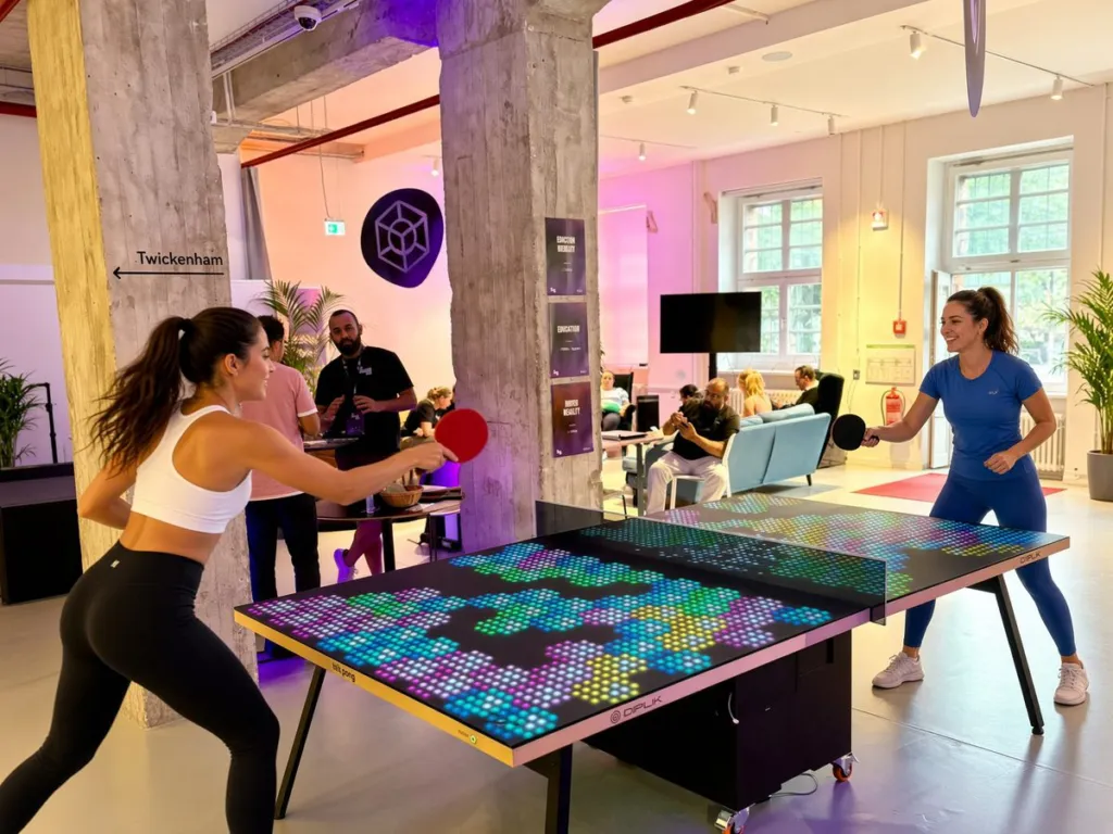 Bit-Pong von Diplik: zwei Spielerinnen am Tischtennistisch mit leuchtender LED-Spielfläche