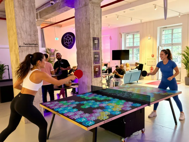 Bit-Pong von Diplik: zwei Spielerinnen am Tischtennistisch mit leuchtender LED-Spielfläche