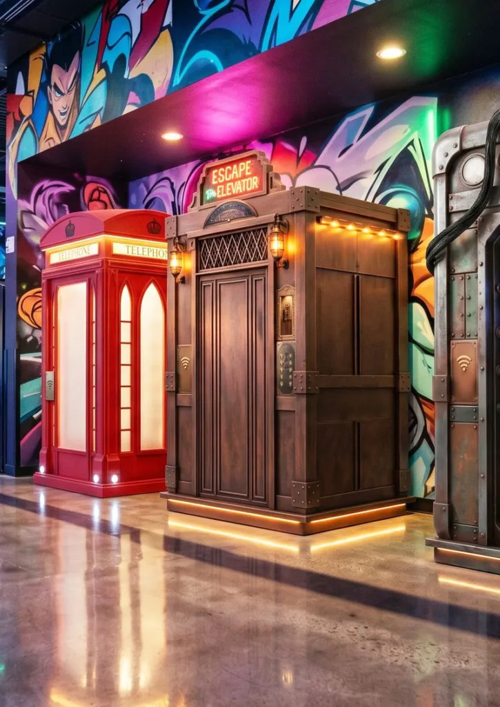 English Telephone Booth und Elevator vor einer Graffiti-Wand