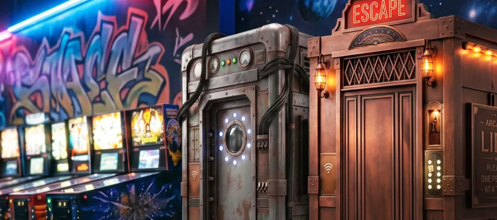 Escape-Arcade-Kabinen Time-Traveler’s Capsule und Elevator neben Arcade-Automaten