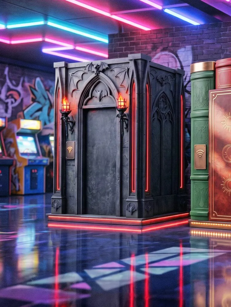 Kabine Vampire’s Blood Vault in einer Spielhalle mit Neonlicht