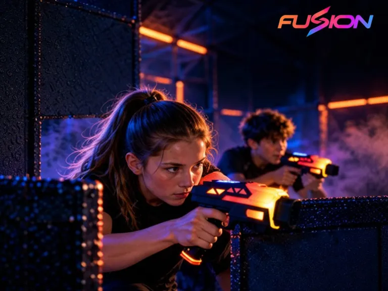 Laserforce Fusion: zwei Spieler mit leuchtenden Phasern in einer Lasertag-Arena