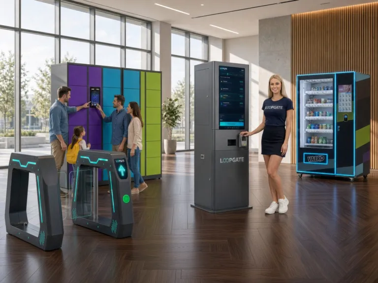LOOPGATE ONE: Speedgate, Schließfächer, Kassenkiosk und Automat im Eingangsbereich einer Freizeitanlage