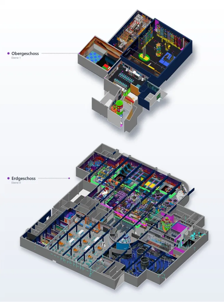 Space Magic Aurich: 3D-Gesamtplanung mit Obergeschoss und Erdgeschoss und allen Attraktionen