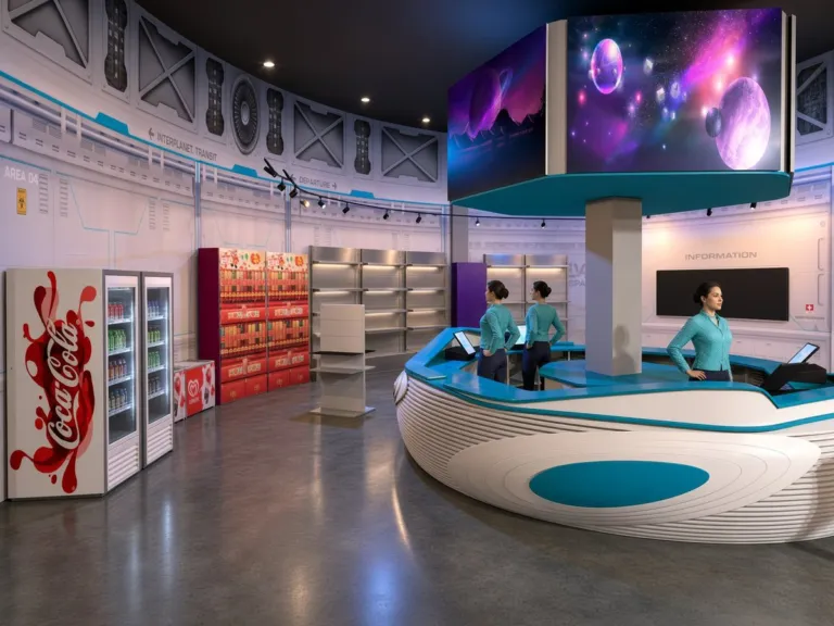Rendering des Empfangs im Raumstation-Design mit geschwungener Theke und Bildschirmen
